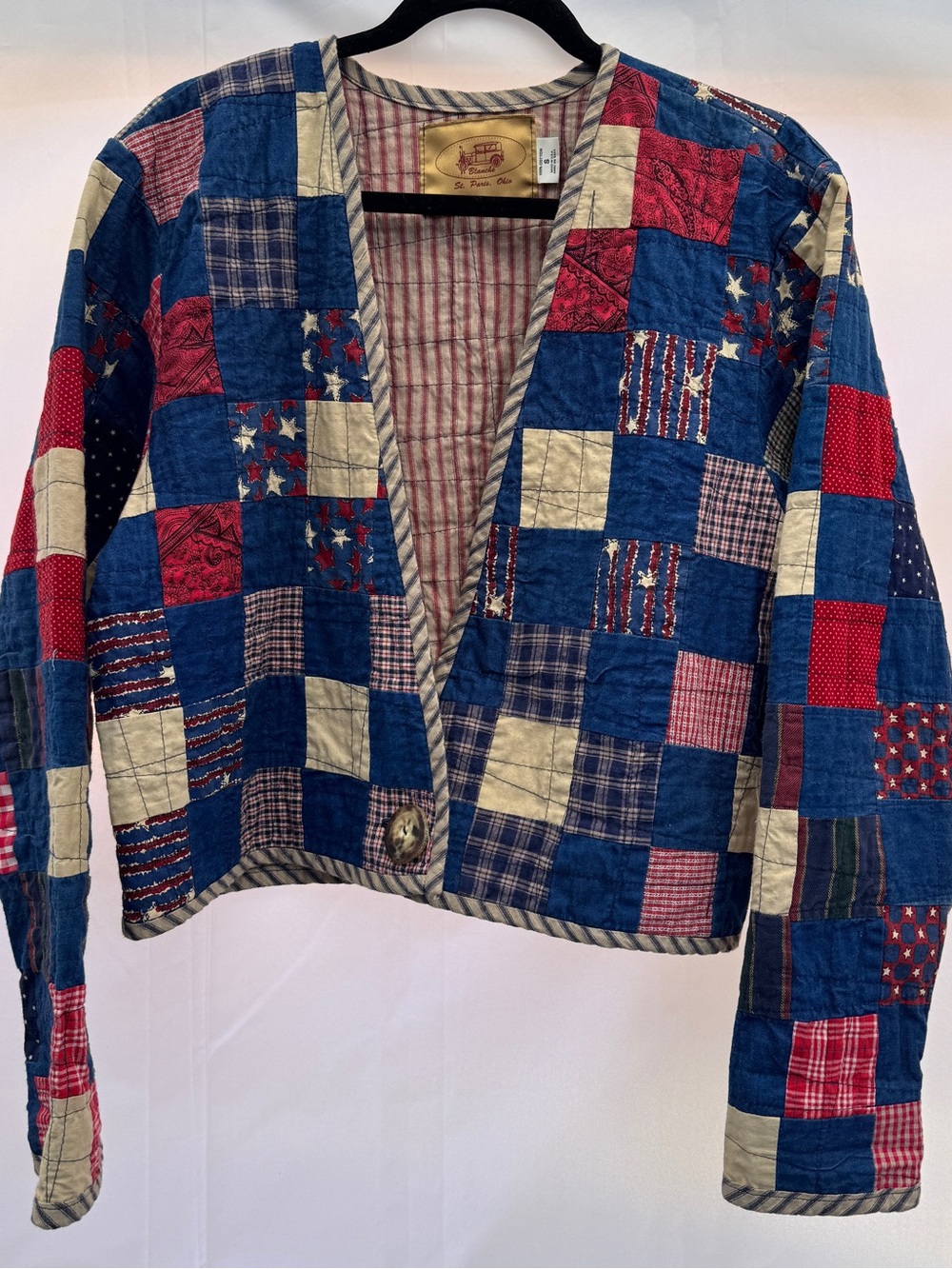 Vintage Art to Wear Unique Quilted Cropped Jacket - Blue Red Beige Americana Sm.